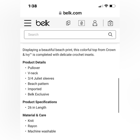 Crown & Ivy Belk Beach Print 3/4 Juliet Sleeves Crochet Inset Rayon Blouse XL - Picture 8 of 11